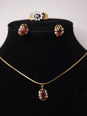 Set of Garnet Earrings Necklace and Ring